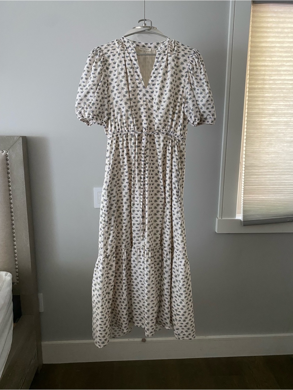 Cream Midi Dress with Blue Floral Print and Tie Waist